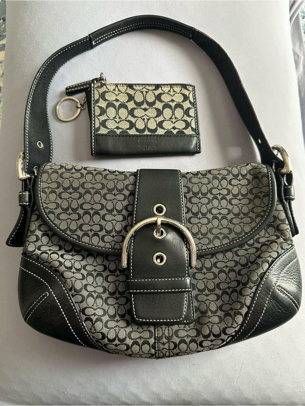 Coach Mini Soho Shoulder Bag in Black/Gray with matching Card/Coin Keychain Case